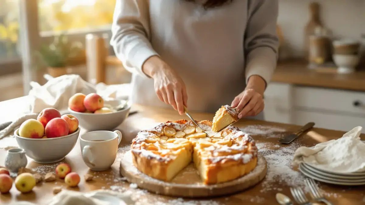 Wiejski puszysty placek karmelizowany z dużą ilością jabłek deser, który znika w jedno popołudnie